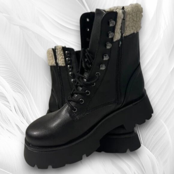 New Women’s Black Faux Leather Combat Boots with Shearling Lining Size: 6 - Picture 3 of 7